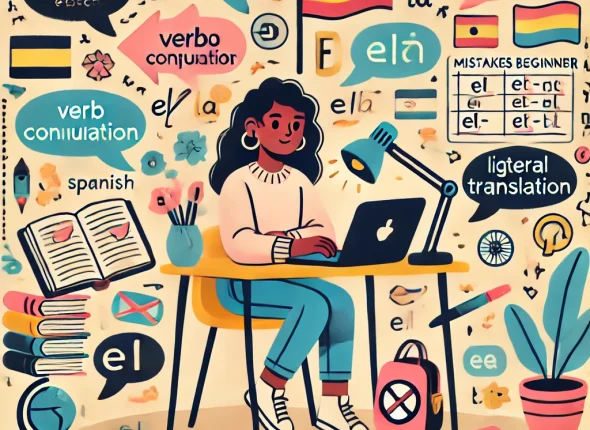 DALL·E 2025-11-21 13.14.22 - A clean, modern illustration for a Spanish language learning blog titled _Mistakes Every Beginner Makes While Learning Spanish_ for The Spanish Hub. S
